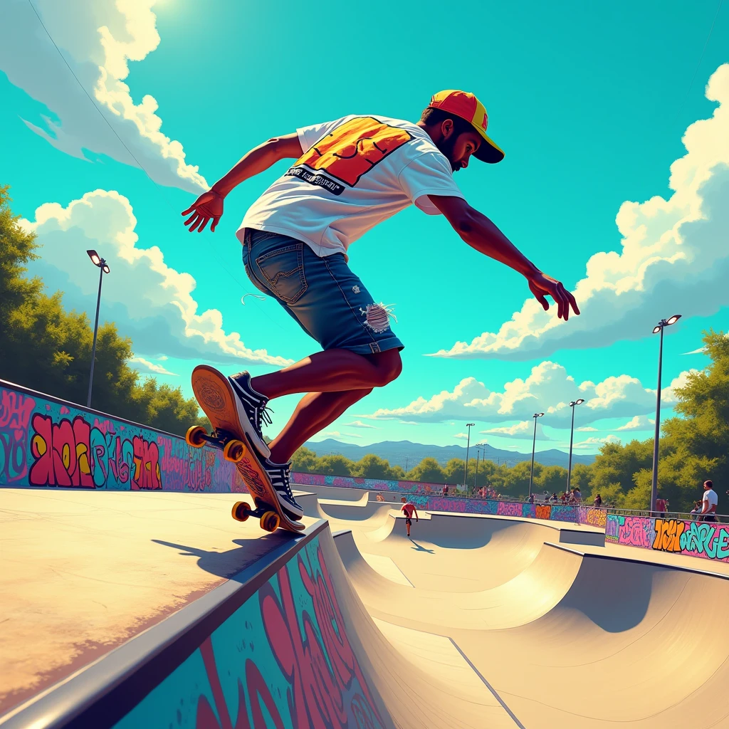 Skateboarder man from behind in digital drawing style