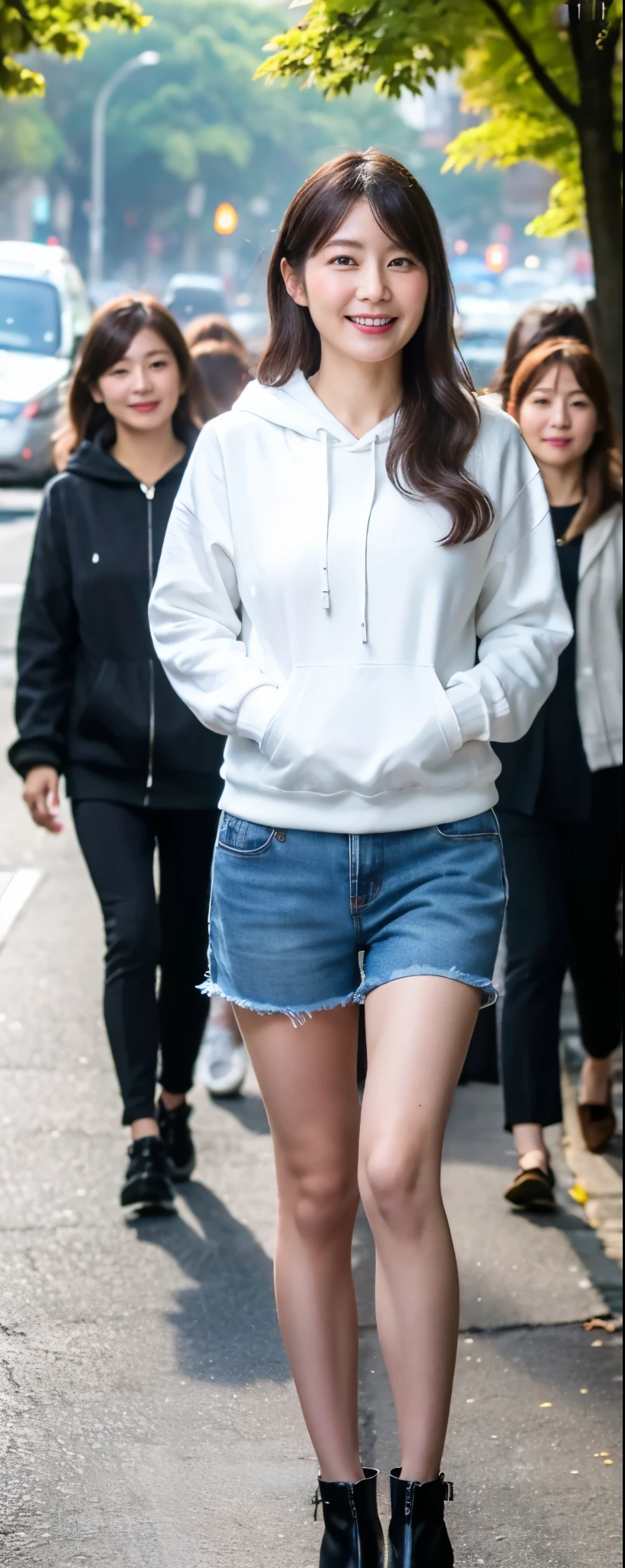 (8k, RAW photos, top quality, masterpiece: 1.2, ultra detailed, super resolution, real photos: 1.37), (Full body photo), 1 noble elegant Japanese lady, plumw, (standing contrapposte), Denim skinny little shorts, Thighs white, Good skin radiance, over-size nylon hoodie, tight-fitting, large pelvis, Black heels, Shiny, mature pretty woman, Moist clothes, Smile, Daylight, Large breasts, big cuvy hips, Thin waist, Long legs, skin hyper-detail, 45 years old, Perfect face, Fantastic look, (Detailed facial features), Wavy hair, center of street, crowd of people,