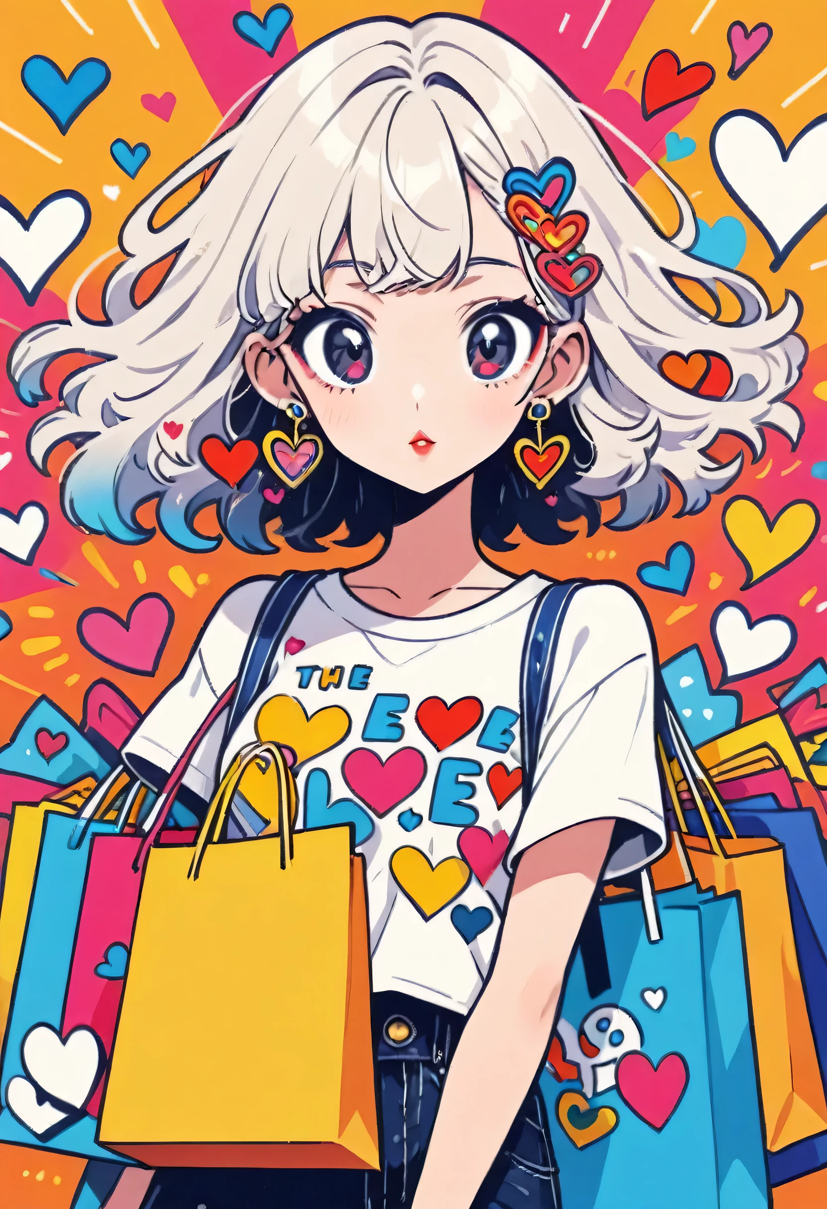 Ultra-realism Keith Haring colorful style, Simple Line Initialism,Abstract art,(((The most beautiful girl of all time))), Sweet face. Lips in love, colorful hearts, stylish design, Stylish summer clothes, Dark Eyes, shopping, Hermes store