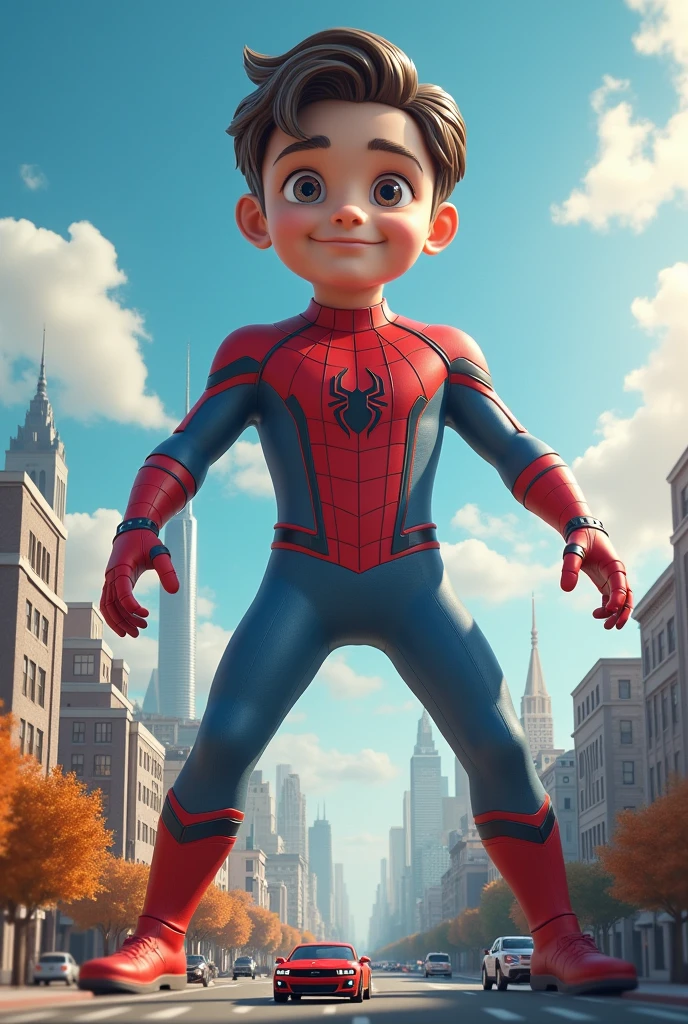 Photo realistic giant Tom holland standing over a tiny city