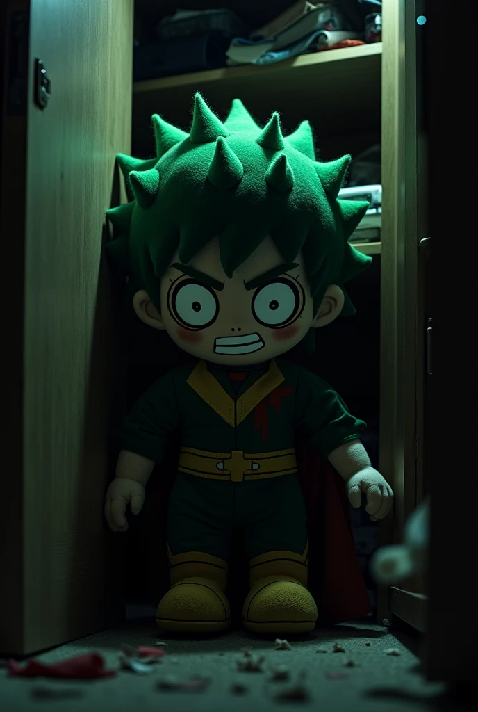 Midoriya Izuku blood-soaked plushie staring at Todoroki Shoto from the darkness of a closet

