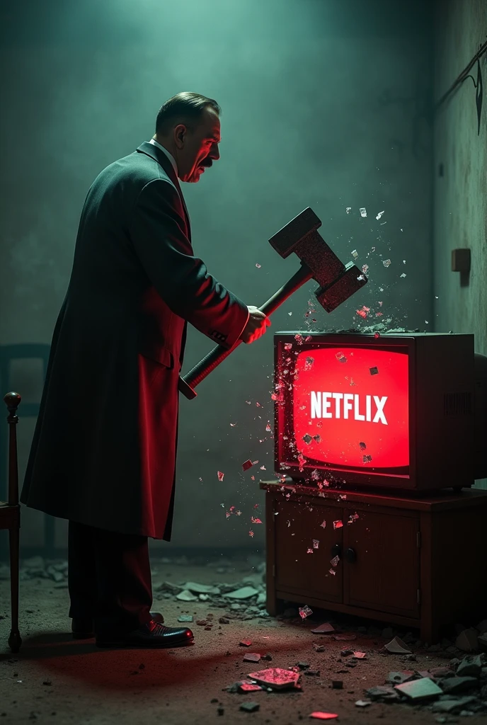 Hitler is angry. With a big hammer, smashes a TV. The TV is showing a big Netflix logo 