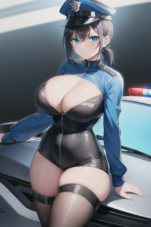 1girl, black hair, short hair, ponytail, long ponytail, blue eyes, large breasts, thick thighs, toned, hourglass figure, serious, blue jacket, bodysuit, black bodysuit, policewoman, police hat, police, neon, neon trim, futuristic, science-fiction, machinery, tech, car, race queen, sports car, police car, cleavage cutout