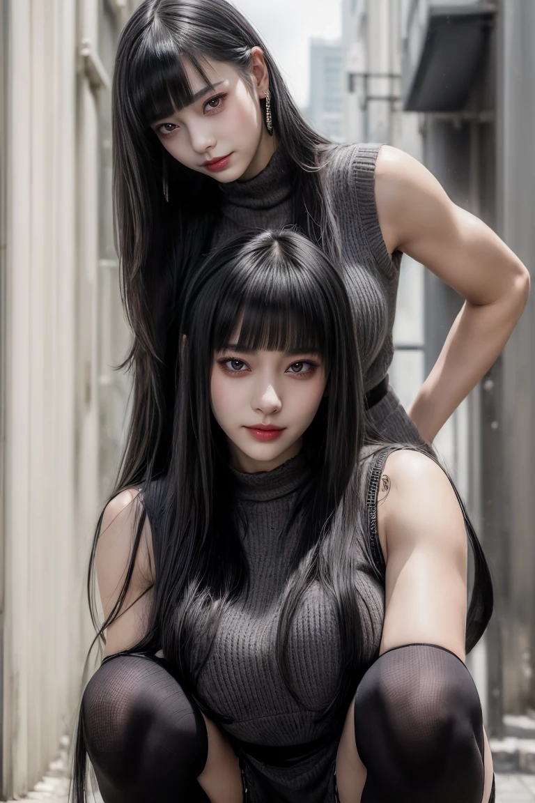 (Black Garter High Socks:1.5),(Squat:1.5),Ultra-high resolution、(((Blunt bangs, Princess Bang))), (((Very heavy,Voluminous bangs:1.1))),(((very length, Very heavy,Very voluminous side locks:1.1))),, Princess Cut, Straight bangs hairstyle, Round face with Blunt bangs, length, Glossless hair、Bangs cut straight,(masterpiece, Highest quality:1.5), (Ultra-fine 8K CG:1.4), (hyperRealistic:1.25), (PhotoRealistic:1.25), (Realistic:1.4), Cowboy Shot, (One from the front.4), (smile1.3), Beautiful Japan, , Supermodel, Japanese Idols, (smile), Big Breasts, Sweat、(A tight, sleeveless dark gray knit dress:1.5)、(Standing in the city:1.5)、Accentuate your cleavage:1.5、Black Hair:1.2、Full body image、((Real person:1.5))、(From below:1.5)