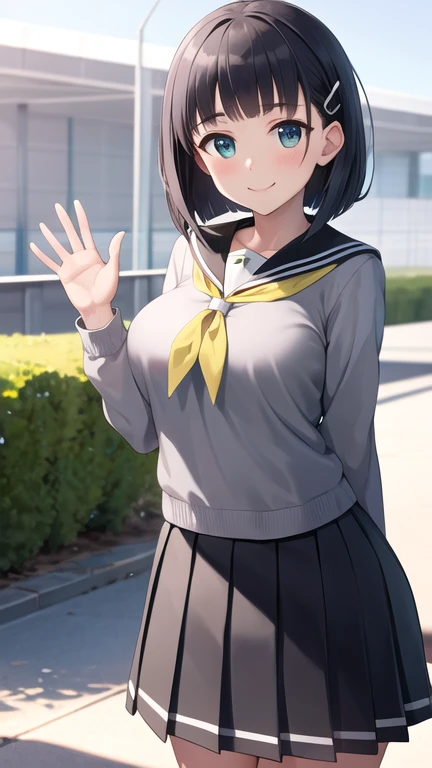 masterpiece, best quality, highres, aasugu, short hair, hairclip, large breasts, grey sweater, black sailor collar, yellow neckerchief, black skirt, standing, cowboy shot, outdoors, smile, waving