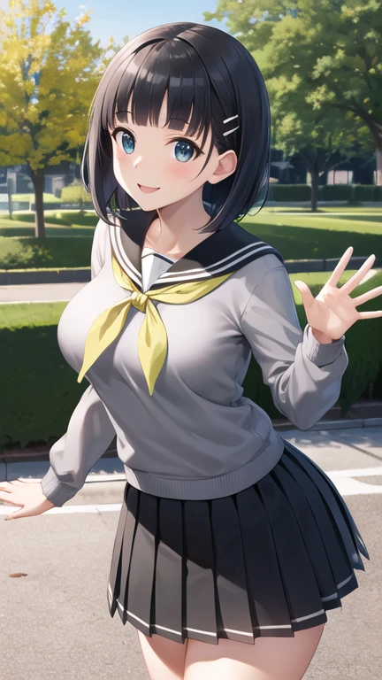 masterpiece, best quality, highres, aasugu, short hair, hairclip, large breasts, grey sweater, black sailor collar, yellow neckerchief, black skirt, standing, cowboy shot, outdoors, smile, waving