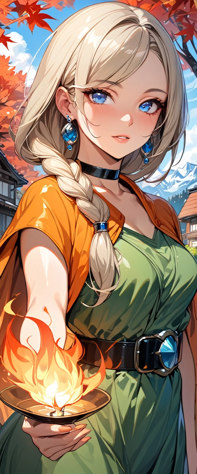 (masterpiece, best quality:1.3), looking at viewer, upper body, portrait, 1girl, solo, dqBianca, blue eyes, single braid, earrings, orange cape, green dress, belt, choker, beautiful eyes, beautiful face, shiny skin, glossy skin, maple trees, village, outdoors, full body, (((Casting magical flames)))