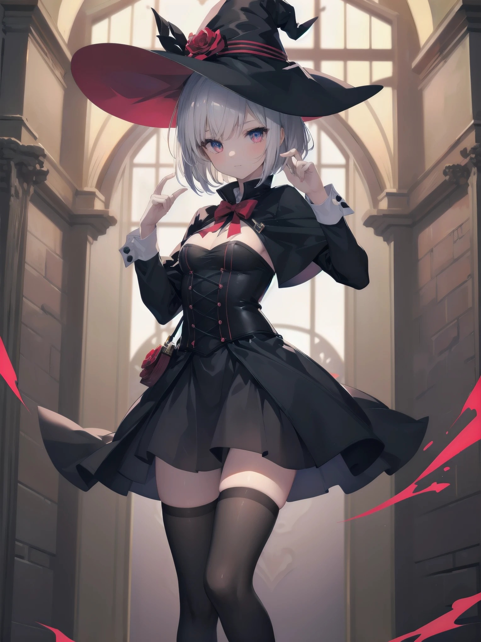 (Masterpiece artwork: 1.3), (top-quality: 1.2), Grande plano de one rapariga bonita, Ultra-detailed illustration, Ultra-high quality, high qualiy, top-quality, members, Fingers, beautiful and slender girl, one, Eyes red, leather witch cosplay, little devil, bob cut, black stocking, deer hat, illuminated kinematics