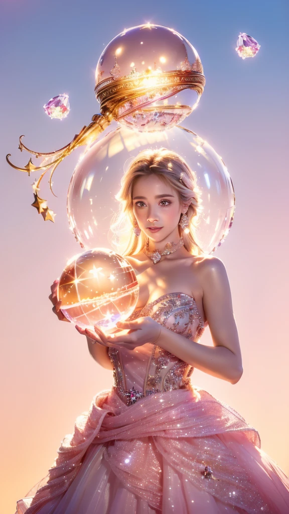 (One young man:1.56, Beautiful highly detailed dress in pale pink color, decorative star ,Trapped in a crystal ball flying above the city: 1.4), (beautiful images, perfection, Magic, idyllic, Dreams: 1.54),surreal, 32K High Resolution, (maximum sharp focus: 1.3), (greatest prospects: 1.5), ,sunset lighting, movie lighting