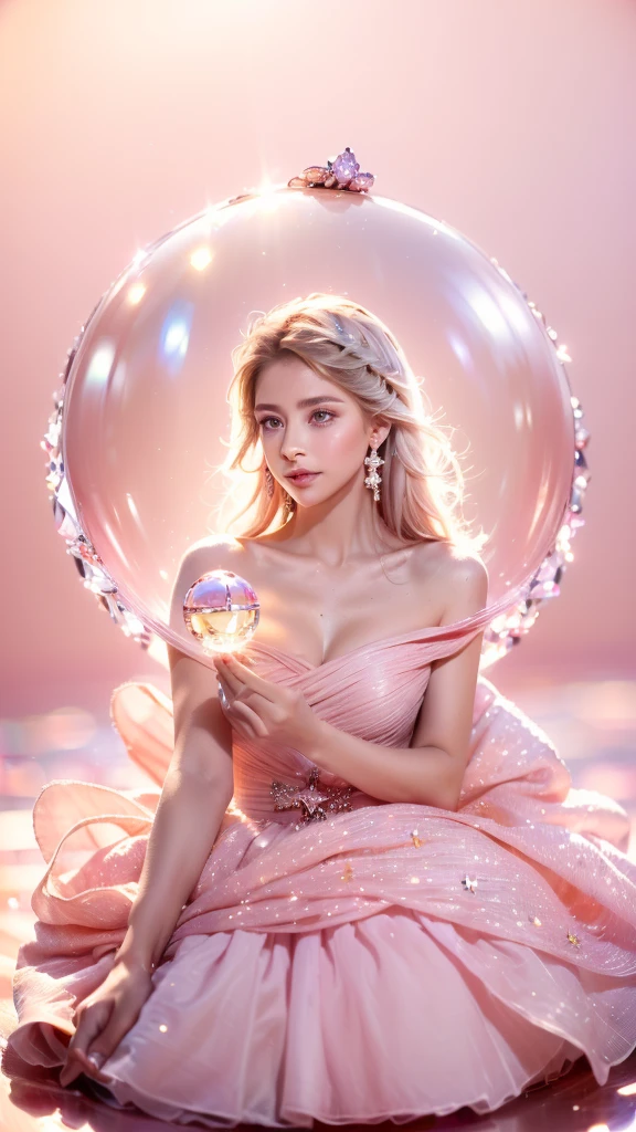 (One young man:1.56, Beautiful highly detailed dress in pale pink color, decorative star ,Trapped in a crystal ball flying above the city: 1.4), (beautiful images, perfection, Magic, idyllic, Dreams: 1.54),surreal, 32K High Resolution, (maximum sharp focus: 1.3), (greatest prospects: 1.5), ,sunset lighting, movie lighting