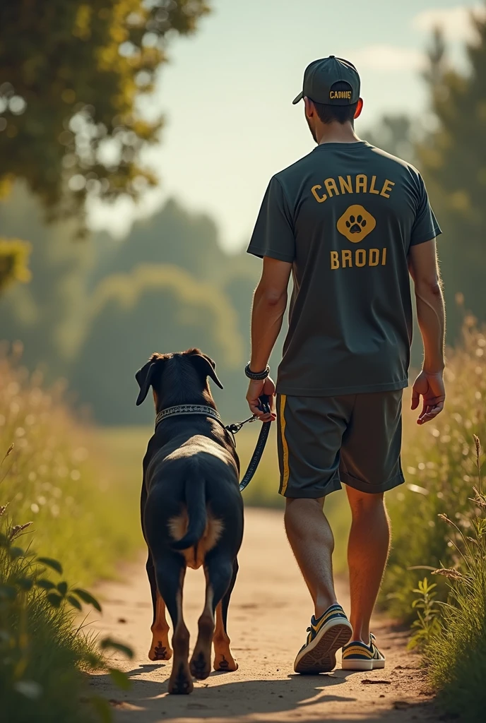Detailed depiction of a man walking a Rottweiler。Detailed depiction of nature。All live-action。The man in the photo is wearing a T-shirt that says Canine。Poster for a high-end brand。Rottweiler and a man are facing this way。Expressing luxury and hope。Wearing a cap that says Canine