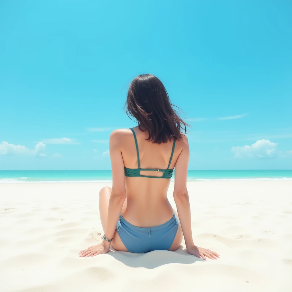 Blue sky and white sand beach。A woman sitting on the sand with her back to the viewer.