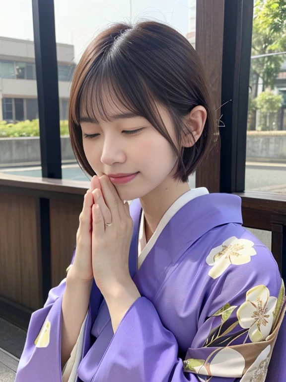 (dressed in a beautiful and vibrant purple kimono、Close-up portrait of a short-haired woman with blunt bangs:1.5)、(A woman with her eyes closed in prayer:1.5)、(The Japanese business district with a winter sky spreading out:1.5)、(Perfect Anatomy:1.3)、(No mask:1.3)、(Full Finger:1.3)、Age 35、Slightly upturned、Married Woman Style、cute、Realistic、photograph、Tabletop、Highest quality、High resolution, Delicate and beautiful、Perfect Face、Beautiful attention to detail、Fair skin、Real human skin、pores、((Thin legs))、(Brown Hair)、(zoom)