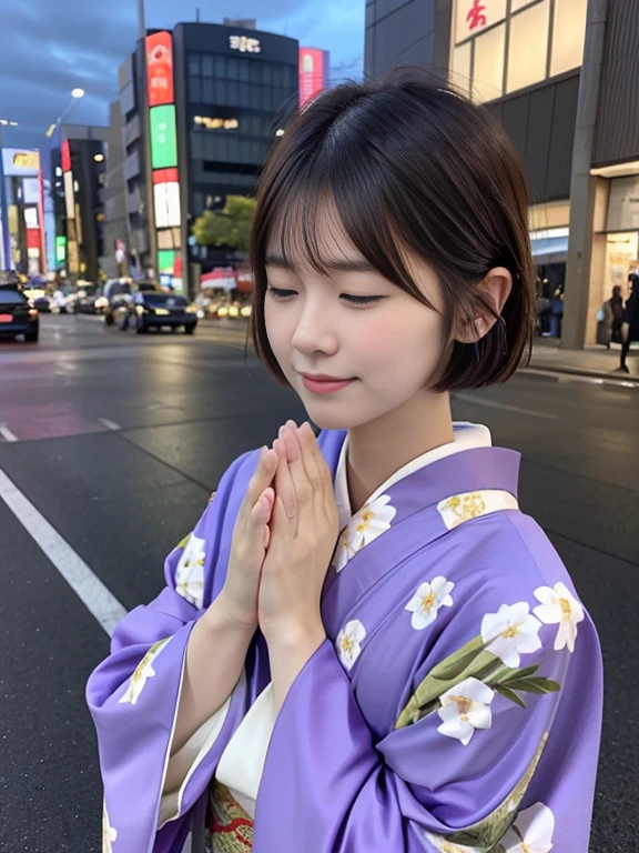 (dressed in a beautiful and vibrant purple kimono、Close-up portrait of a short-haired woman with blunt bangs:1.5)、(A woman with her eyes closed in prayer:1.5)、(The Japanese business district with a winter sky spreading out:1.5)、(Perfect Anatomy:1.3)、(No mask:1.3)、(Full Finger:1.3)、Age 35、Slightly upturned、Married Woman Style、cute、Realistic、photograph、Tabletop、Highest quality、High resolution, Delicate and beautiful、Perfect Face、Beautiful attention to detail、Fair skin、Real human skin、pores、((Thin legs))、(Brown Hair)、(zoom)