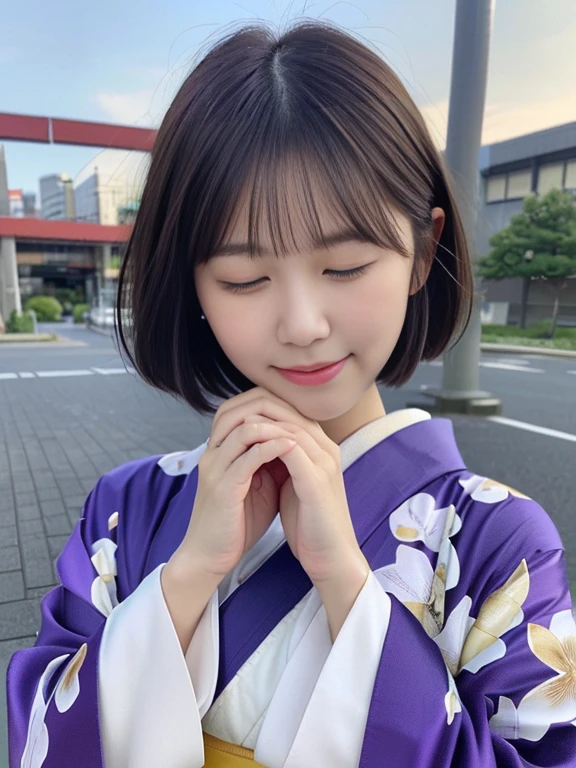 (dressed in a beautiful and vibrant purple kimono、Close-up portrait of a short-haired woman with blunt bangs:1.5)、(A woman with her eyes closed in prayer:1.5)、(The Japanese business district with a winter sky spreading out:1.5)、(Perfect Anatomy:1.3)、(No mask:1.3)、(Full Finger:1.3)、Age 35、Slightly upturned、Married Woman Style、cute、Realistic、photograph、Tabletop、Highest quality、High resolution, Delicate and beautiful、Perfect Face、Beautiful attention to detail、Fair skin、Real human skin、pores、((Thin legs))、(Brown Hair)、(zoom)
