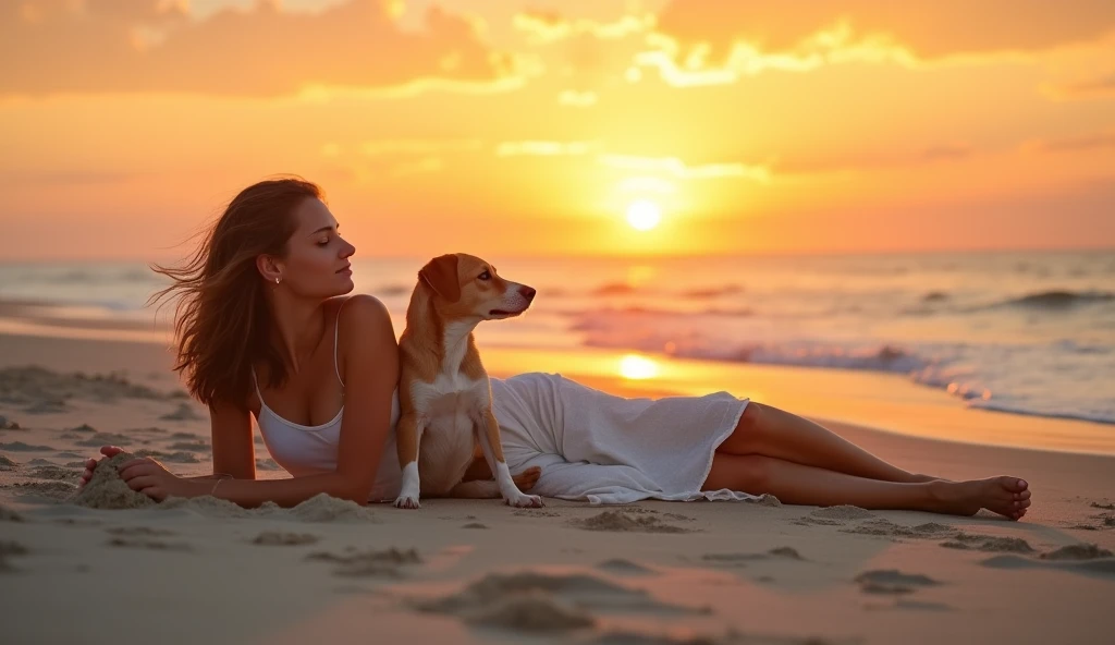 Create a tranquil sunset scene at the beach. In the foreground, a  adult woman is lying on her stomach on the sand, wearing light summer clothing that modestly covers her intimate areas and chest. She has a serene and relaxed expression. Next to her, a medium-sized dog is either lying down or sitting, both facing the ocean. The warm, golden light of the setting sun illuminates the scene, casting long shadows across the sand. The overall atmosphere should convey peace and tranquility, highlighting the connection between the woman, the dog, and the beauty of the moment.
