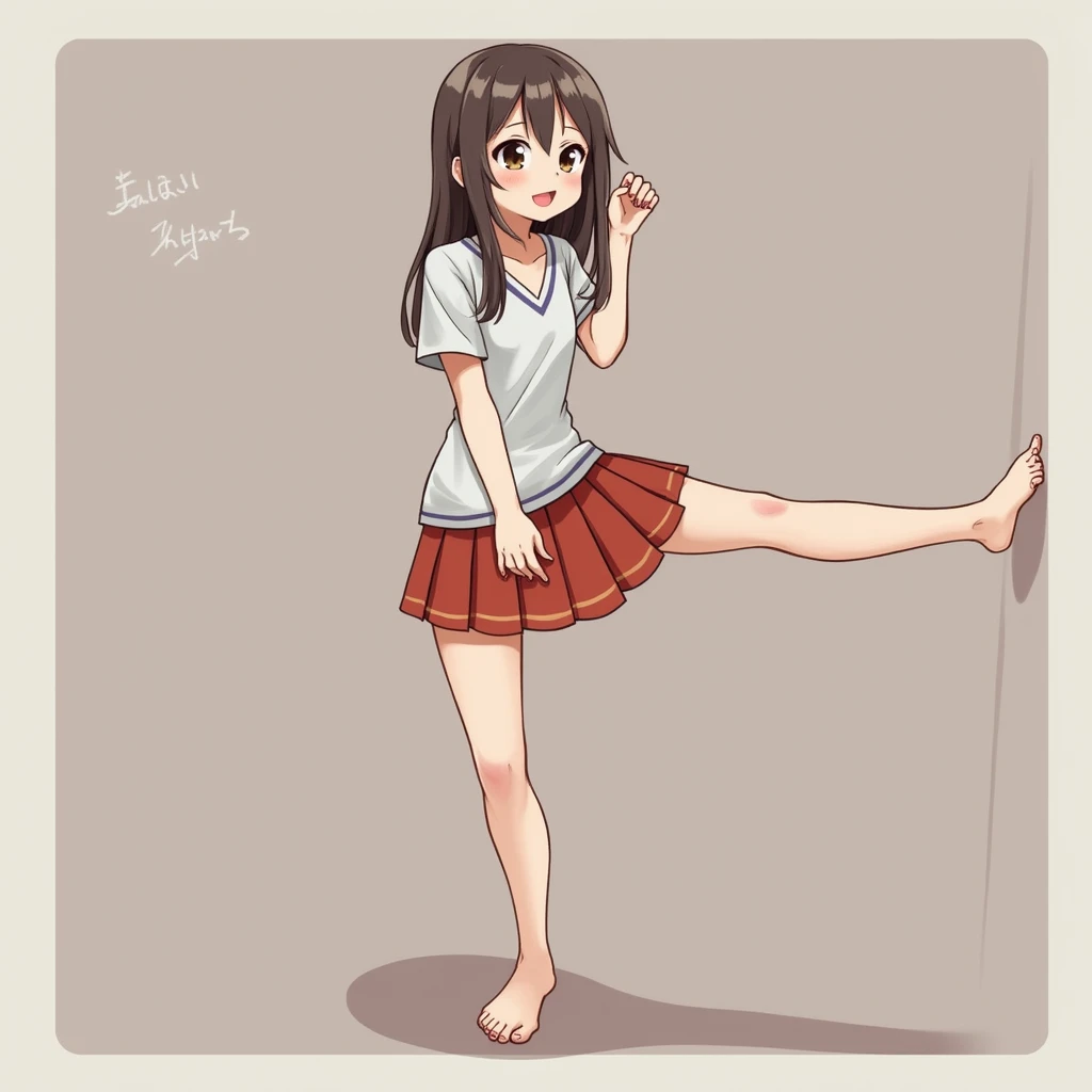 mini skirt、barefoot、Japanese、Leg spread、smile