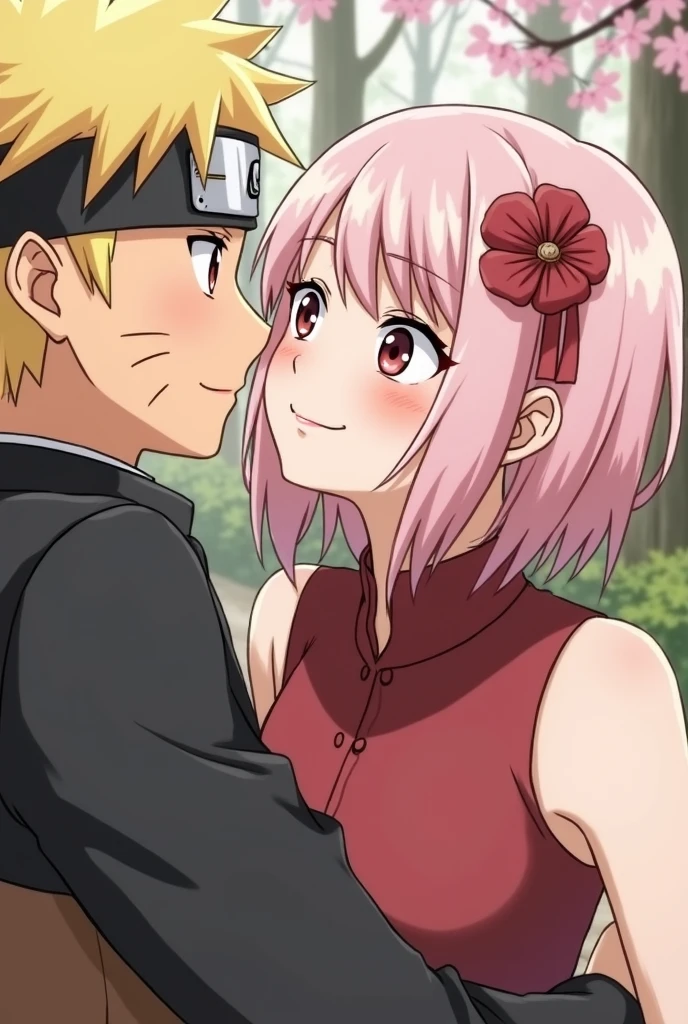 A holiday afternoon, lovers, a couple, a blonde man, a man in a black suit, a woman with short pink hair, naruto style, precise, masterpiece,