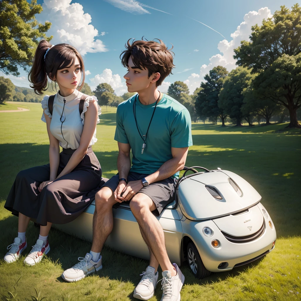 Anthropomorphic cartoon, a charger and mobile     couple sitting on the grass side by side gazing at    
 the sky