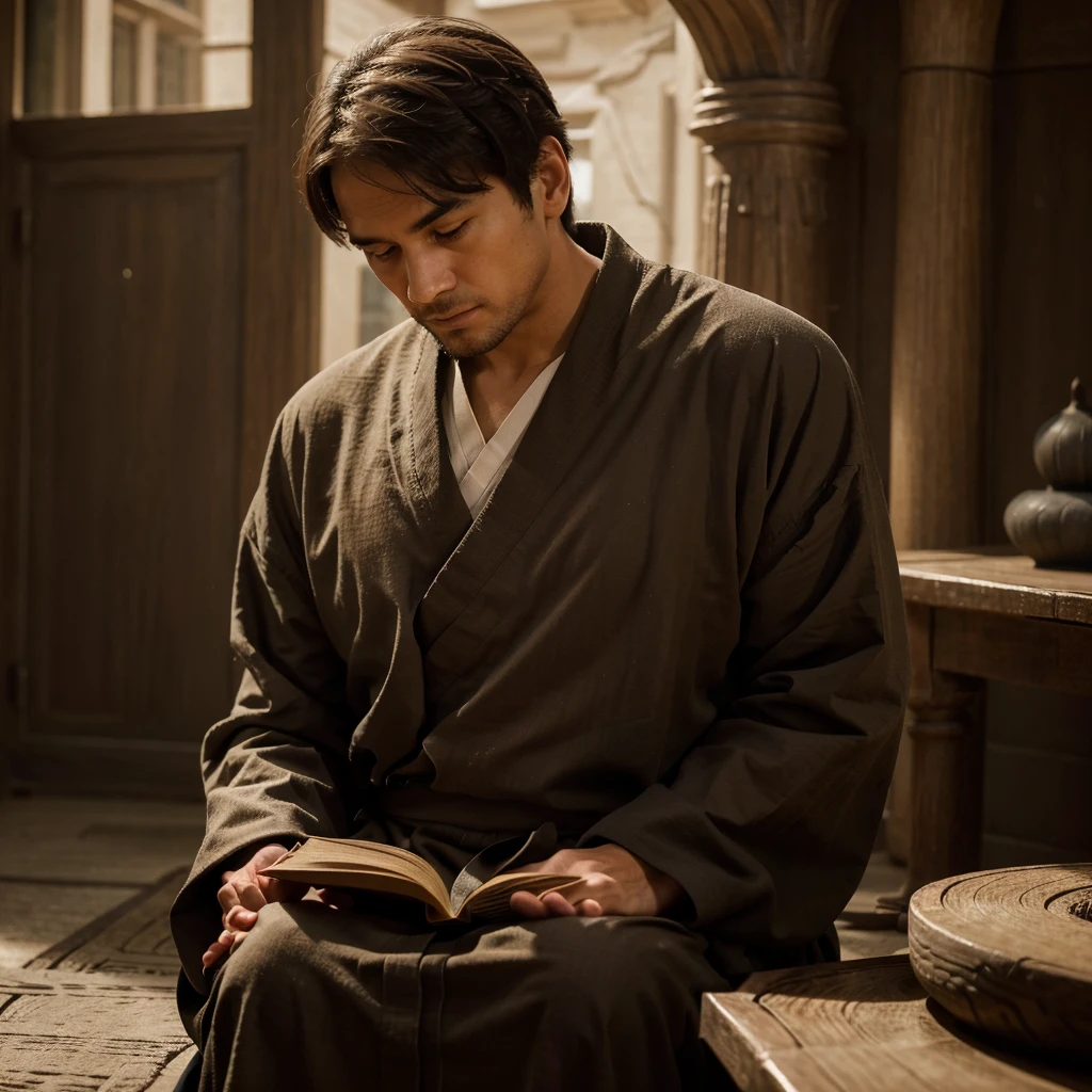 "Create a hyper-realistic image of a master and his disciple in a deep and meaningful conversation. The setting should be serene and inspiring, perhaps in an ancient temple, a library filled with books, or amidst nature, like a Zen garden .
The master, with a wise and serene appearance, is sitting in a relaxed manner, with a gentle expression and a slight smile, conveying wisdom and calm. He wears simple but dignified clothes that reflect his experience and knowledge. His posture should be calm, with gestures that indicate he is explaining something important.
The disciple, a young man with bright eyes, is leaning towards the master, showing respect and intense curiosity. Your gaze must be fixed on the master, with an expression of fascination and desire to learn. He wears clothes that indicate humility, but his body should be tilted slightly forward, reflecting his eagerness for knowledge.
The background of the image should be softly lit that creates an atmosphere of focus and introspection, with a faint aura of light surrounding the master, suggesting his wisdom. The composition of the image must highlight the connection between the two characters, clearly showing the master's imposing presence and the apprentice's lively curiosity."
Imagem em High quality hyper-realistic portrait, 8K Ultra HD