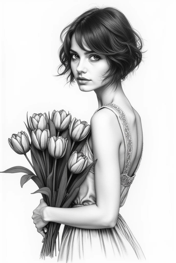 a portrait of a beautiful woman,  sun dress,  defined black lines, 1 girl, only, water,  hugging tulips, simple background, white background, monochrome, arte linear, ((outline)),((high qualiy, work of art:1.4)), 1 girl, ((trunk)), outline de retrato, messy drawing, messy coal stains, outline inacabado, sketchbook charcoal style drawing of a woman, sketchbook drawing, sketchbook, cute hair, medium short hair, gorgeous face, Symmetrical face, Symmetrical eyes, ((paper material background)), realistic coal lines, imperfect drawing, coal crumbs, coal lines, Imperfection, Fade outline, outline sQueratogray (Eddymauro Mix)