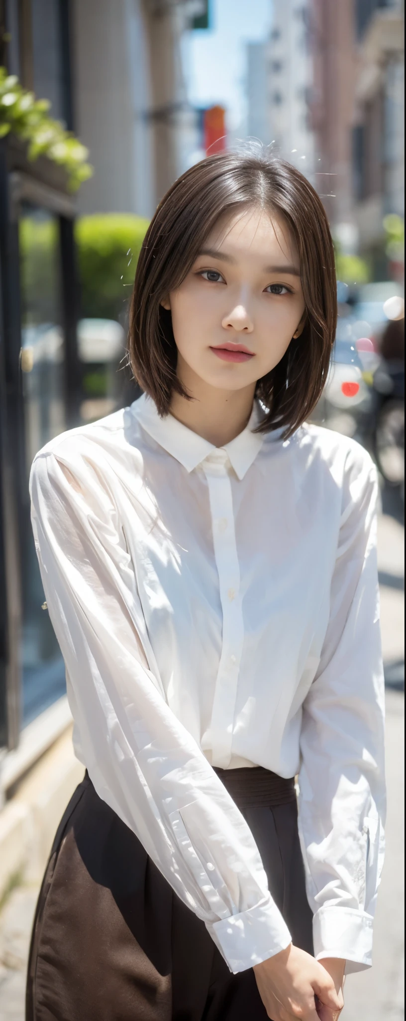 ((top-quality, 8K, masterpiece:1.3)), sharp focus:1.2, Beautiful Women in Perfect Style:1.4, Slender Abs:1.2, full body, wearing long sleeve shirts wide long pants, ((weavy dark brown short hair:1.2)), (natural soft light, City Street:1.1), Highly detailed facial and skin texture, A detailed eye, double eyelid, uniform, Female, 24 years old