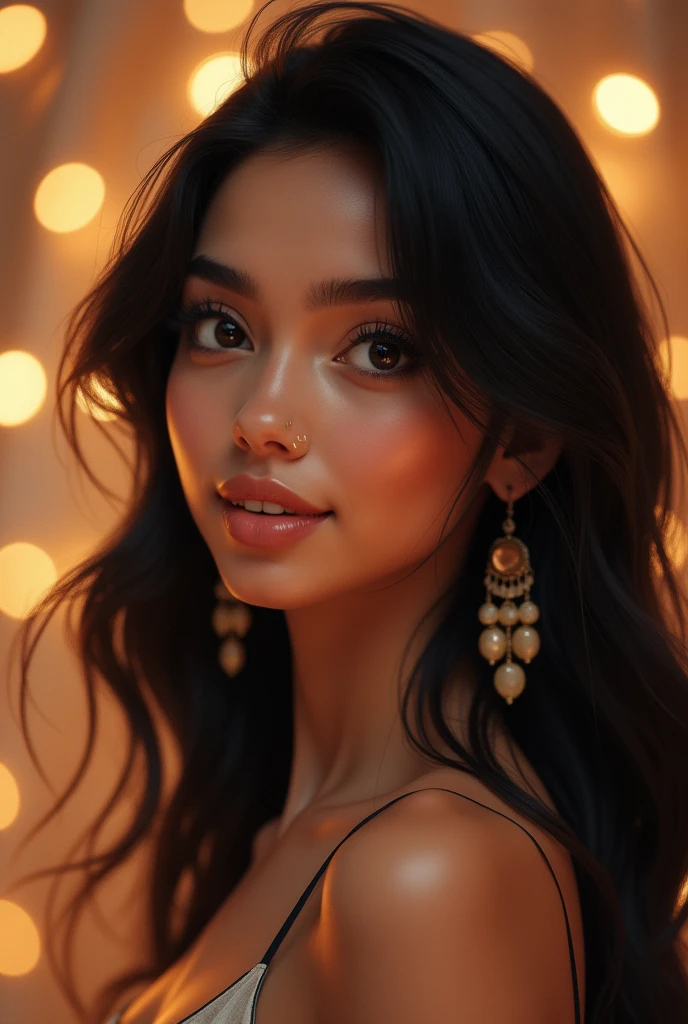 (photorealism:1.2), Create girl with the name Hridhya
Medium Black color Hair,
Whitish brown skin
Big eyes, black color
Brown color lips
Oval face
Straight nose
Black eyebrows ( big )
Medium size ears with long ear rings