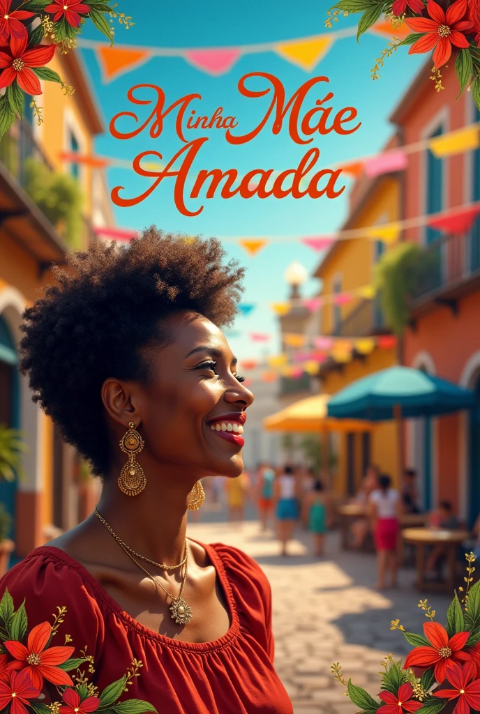 Create a poster for a theater square featuring a 54-year-old Black woman, titled "My Beloved Mother" in Portuguese.