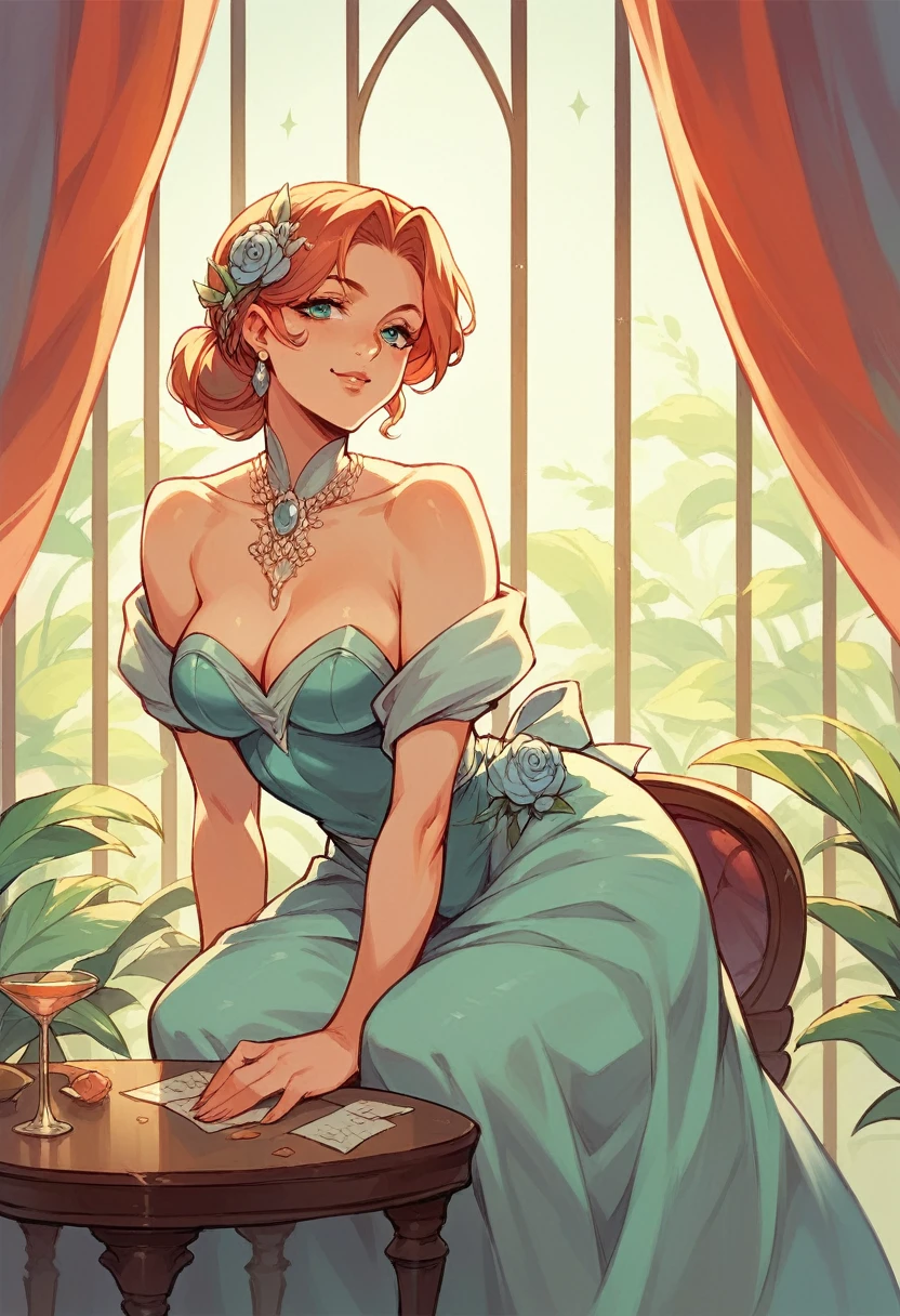 Your wife (in her 30s) sits across from you at a table at a fancy dinner. she has on a beautiful dress.