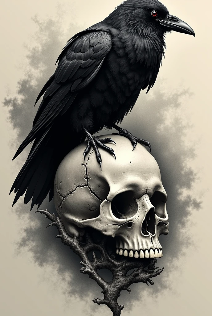 I would like to create a semi-realistic tattoo design featuring a crow and a skull for my forearm., that it has a horror style and the skull with the raven are incorporated, that it represents the darkness of Edgar Allan Poe's poems and that the raven's wings are open