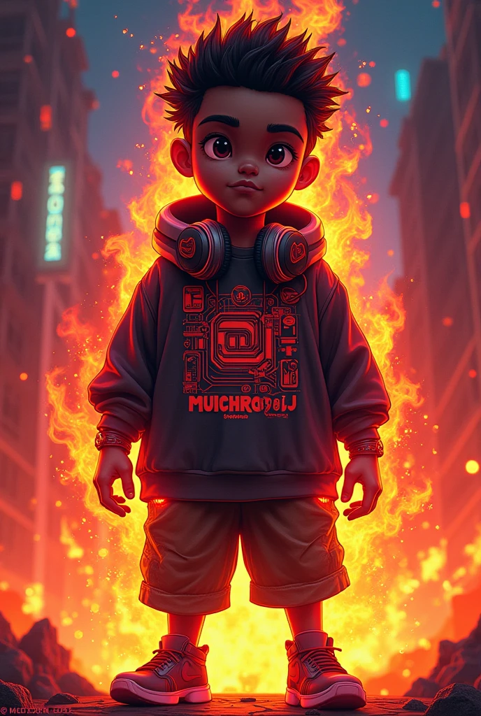 Create a mascot where the mascot is a dark-skinned gamer boy with fire around him and with the name MUICHIRO18JC at the bottom 