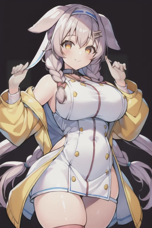 1girl, Korone, smile, dog ears, twin braids, sidelocks, hair ornament, ((white dress)), jacket, yellow jacket, jacket, open clothes, open jacket, dress, short dress, sleeveless dress, huge breasts, wide hips, thick thighs, tall, tall female, mature female, bandana, scarf, hourglass figure, standing, ((mature female)),