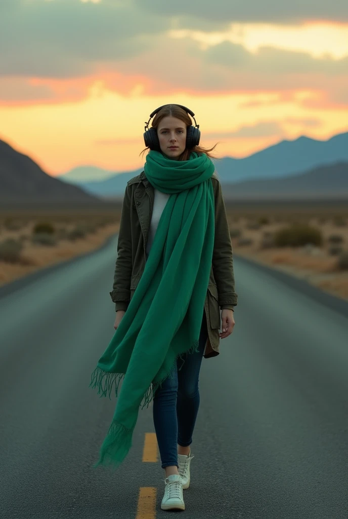 Lonely woman on road wearing headphones face covered in green scarf