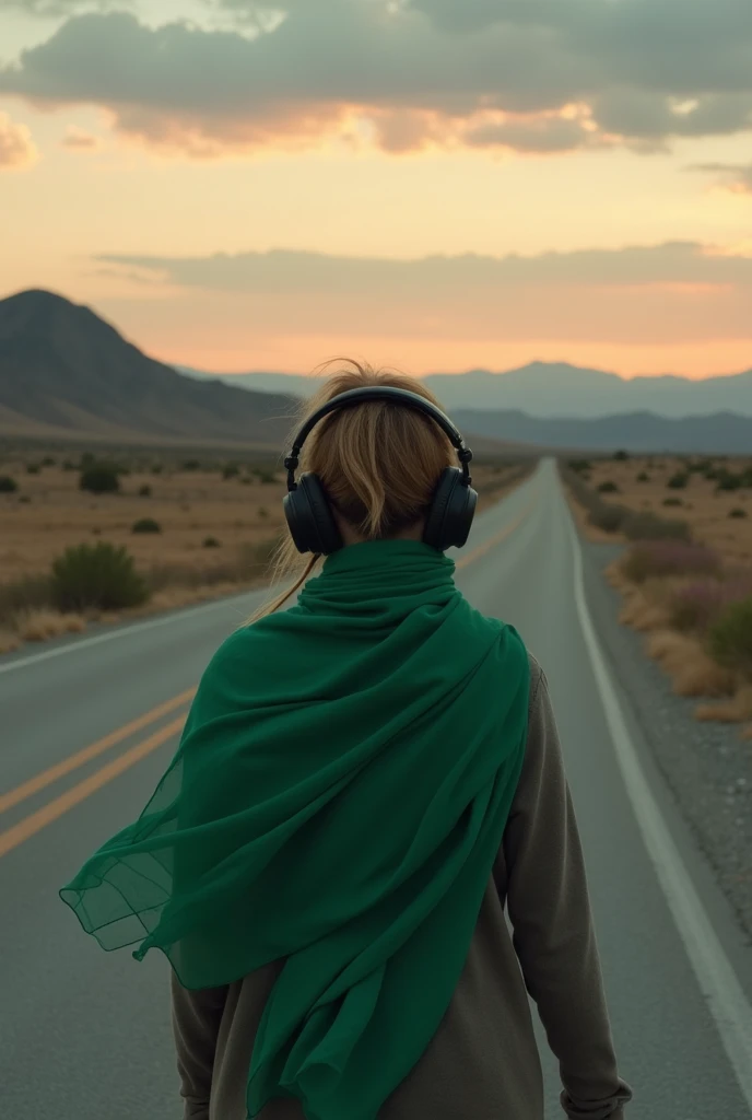 Lonely woman on road wearing headphones face covered in green scarf