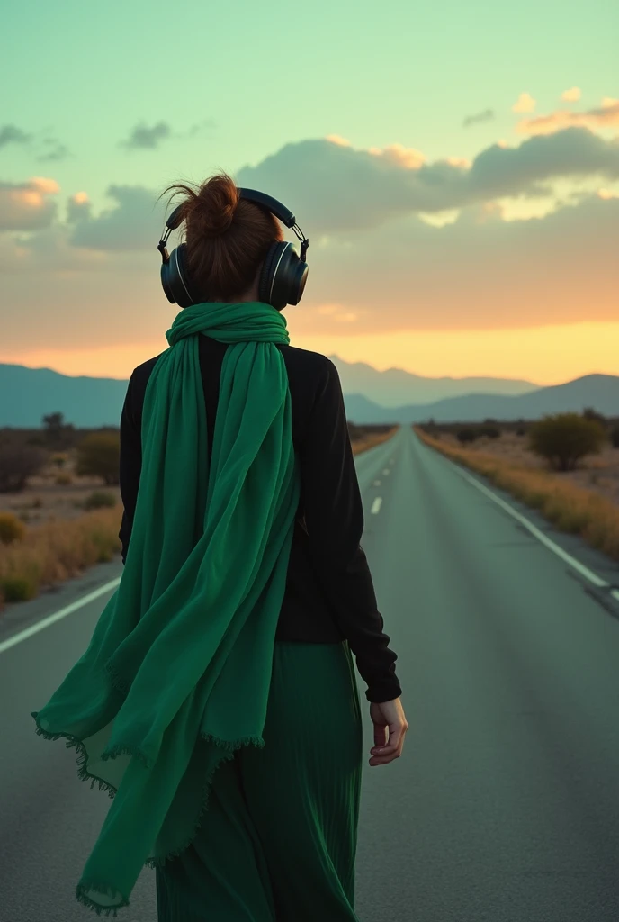 Lonely woman on road wearing headphones face covered in green scarf