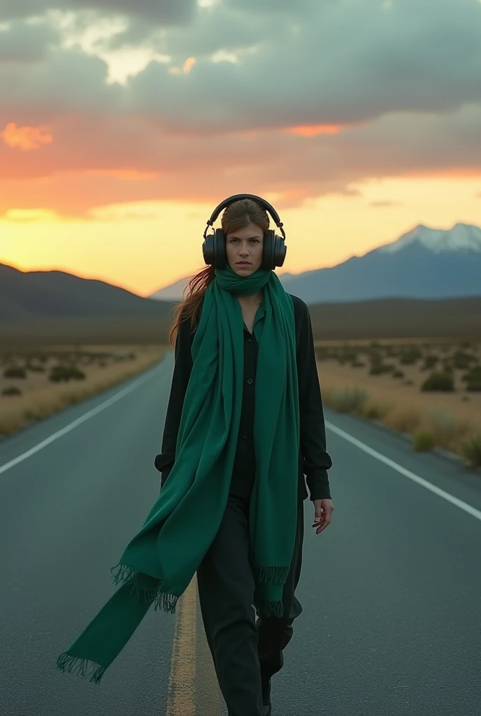 Lonely woman on road wearing headphones face covered in green scarf