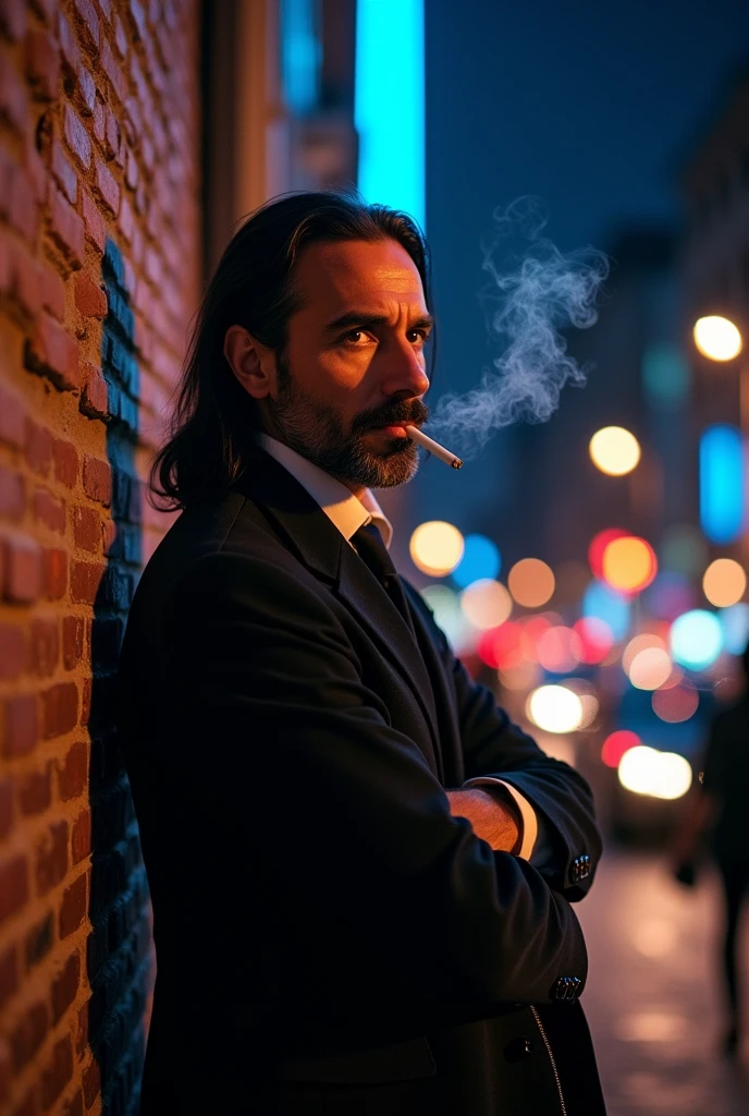 draw the realistic philosopher Machiavelli in the present day where he is in a city at night, leaning against a wall, smoking