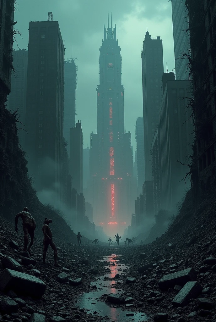 A back cover design for the book 'O Crepúsculo da Civilização'. The background features a dark and devastated cityscape, with remnants of futuristic technology and ancient magical symbols glowing faintly among the ruins. In the distance, silhouettes of twisted, mutated creatures can be seen lurking in the shadows. The atmosphere is ominous and foreboding, with a dim, reddish glow on the horizon, suggesting a distant, looming threat. The back cover should include space for a synopsis in a clear, readable font, with enough room for author information and a barcode at the bottom."
}