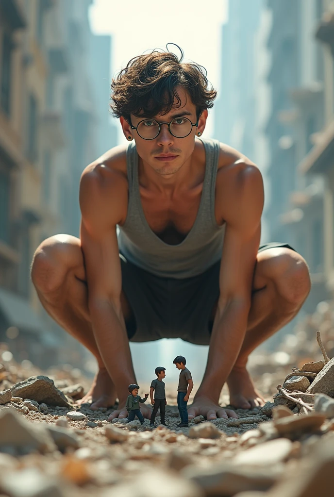 Giant Tom holland wearing tank top and running shorts and barefoot, he has round glasses and stud earrings, crouching over a tiny city, ruins and destruction and debris as a result of the battle, stomping on tiny buildings, he is reaching down towards a group of 1 inch tall people the size of a marble, he is looking at the people curiously, realistic photo, full city in the background, tilt-shifted