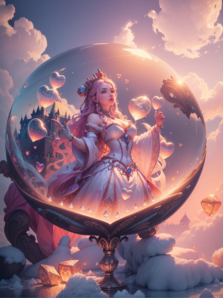 A beautiful Queen of hearts Goddess, 8k Resolution, Rendered Hyper Realistic, Intricate Detail lives in an frosty heart shaped ice bubble, a fanciful place filled with castles, cotton candy, pawns playing cards and fluffy clouds, An intricate visual representation of computer programing, rendered in 24k resolution with intricate details and symbols.