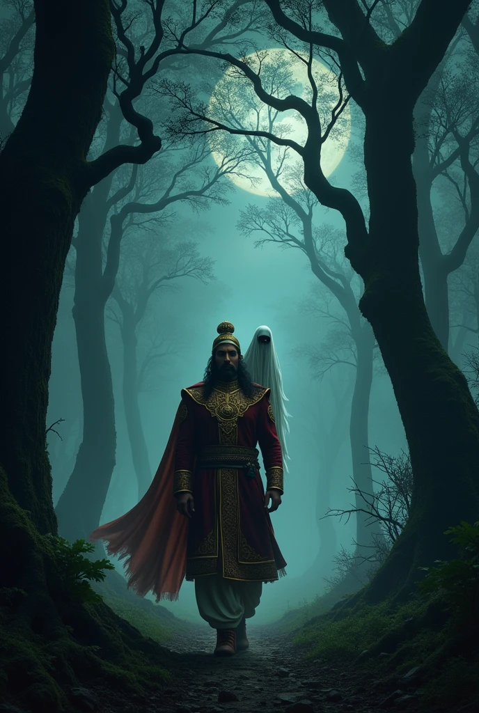"A dense dark forest at night, with tall ancient trees and a mysterious fog. King Vikramaditya is walking through the forest in royal attire, holding Betal, a ghostly figure draped in white, on his shoulder. The mood is eerie and mysterious."