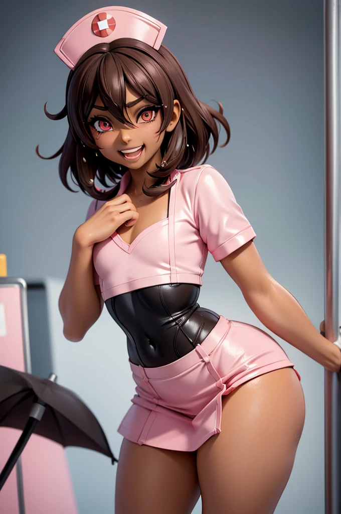 ((anime boy)), ((crossdresser)), (((1boy)))), (((solo))), ((((alone)))) medium dark brown hair, red eyes, ((((brown skin)))), wide hips, narrow waist, thick thighs, ((horny face)), ((smiling)), open mouth, tongue out, standing in a hospital, (black eyeshadow), (deep red lipstick), ((flat chest:1.2)), short skirt, shirt, (((skin tight pink nurse outfit))), (((raining))), (((wet clothes))), (((wet)))