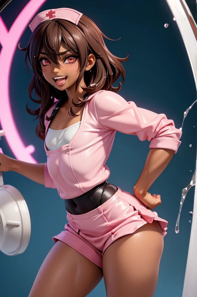 ((anime boy)), ((crossdresser)), (((1boy)))), (((solo))), ((((alone)))) medium dark brown hair, red eyes, ((((brown skin)))), wide hips, narrow waist, thick thighs, (( face)), ((smiling)), open mouth, tongue out, standing in a hospital, (black eyeshadow), (deep red lipstick), ((flat chest:1.2)), short skirt, shirt, (((skin tight pink nurse outfit))), (((raining))), (((wet clothes))), (((wet)))