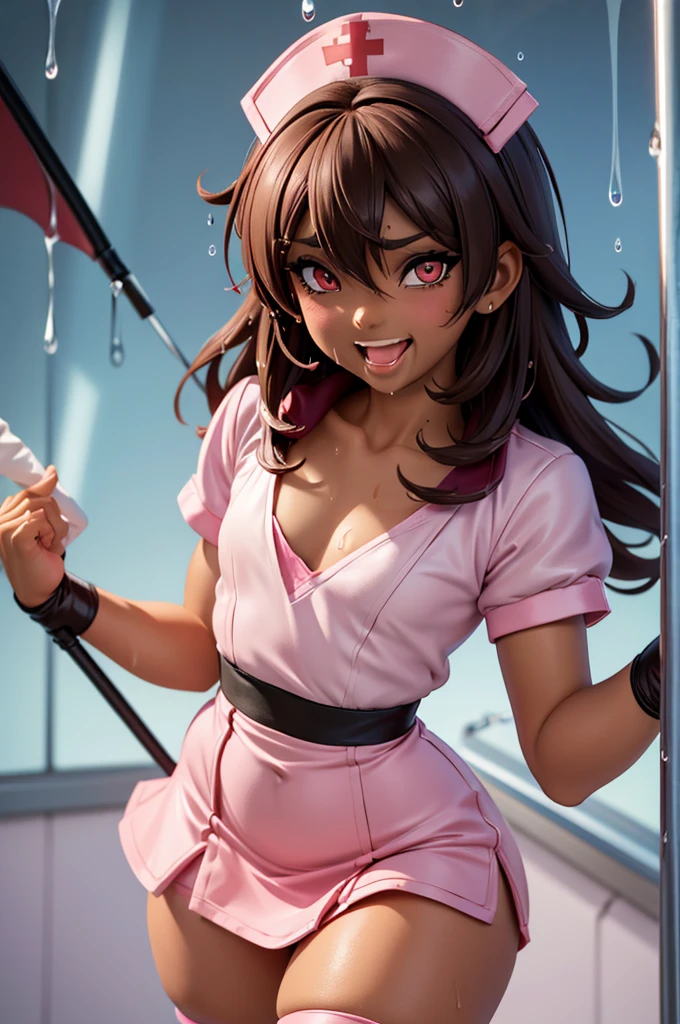 ((anime boy)), ((crossdresser)), (((1boy)))), (((solo))), ((((alone)))) medium dark brown hair, red eyes, ((((brown skin)))), wide hips, narrow waist, thick thighs, ((horny face)), ((smiling)), open mouth, tongue out, standing in a hospital, (black eyeshadow), (deep red lipstick), ((flat chest:1.2)), short skirt, shirt, (((skin tight pink nurse outfit))), (((raining))), (((wet clothes))), (((wet)))