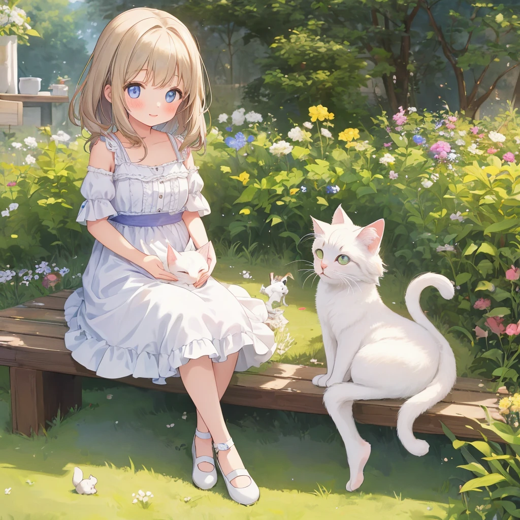 A beautiful young girl playing with a pure white kitten.