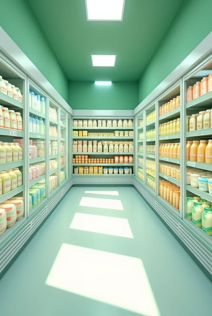 3D illustration dairy area supermarket without people in refrigerators