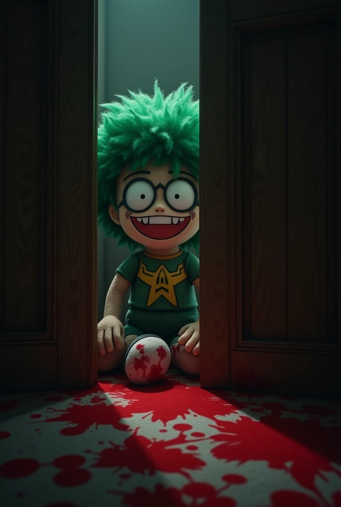 Midoriya Izuku plush smiling covered in blood, staring intently at Todoroki Shoto from the darkness of a closet

