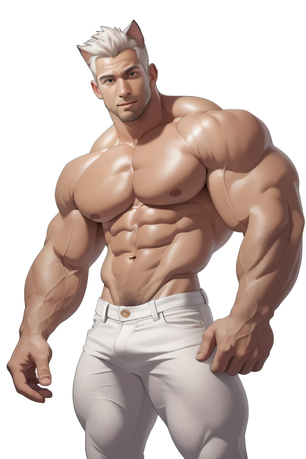 Handsome, short spiky anime hair, clear face, clear eyes, muscular body, muscular arms, huge pectorals, abs, huge arms and hands, white jeans,Cropped feet,cat on his shoulder,white background