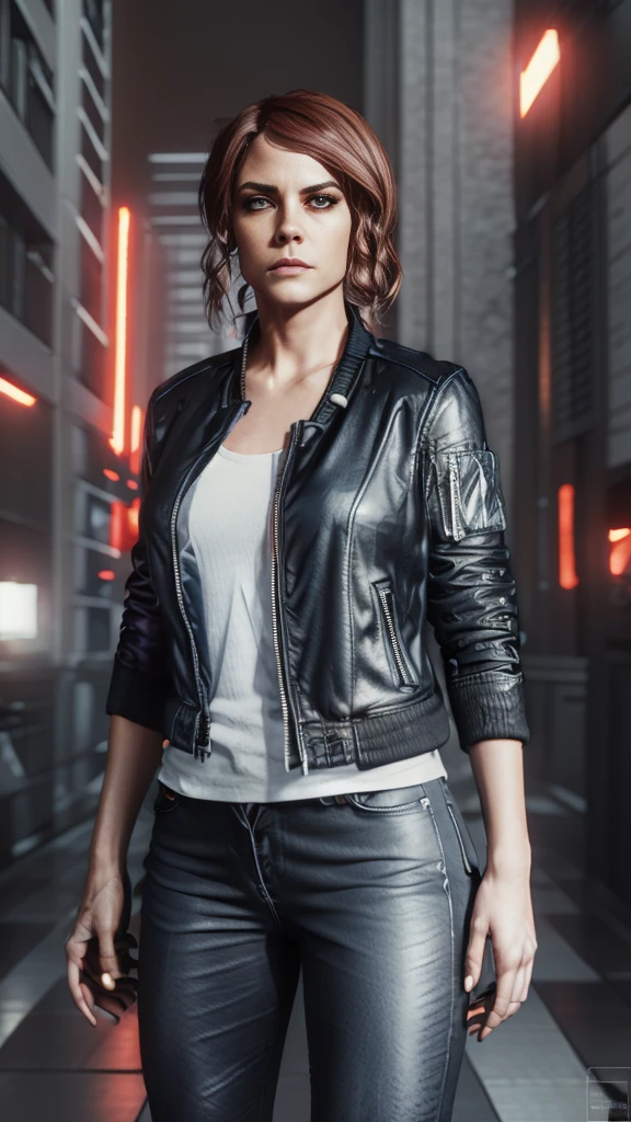 Full length portrait, Jesse Faden from CONTROL, crimson red hair, a determined expression, wearing a fitted black motorcycle/bomber jacket, skin tight black jeans, BREAK: standing in a surreal, dreamlike environment with glowing symbols and distorted brutalist architecture, photorealistic, epic cinematic lighting, moody, atmospheric, Control video game style