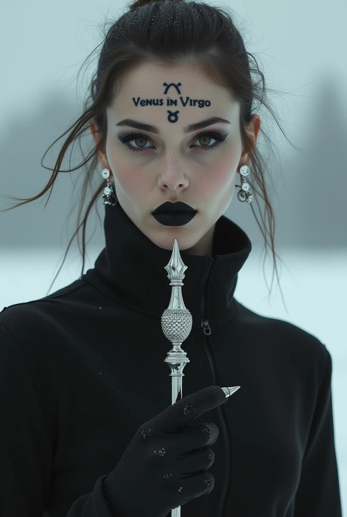 a woman with very delicate features, but at the same time austere and closed. slightly long nose, very thin lips, focus from the waist up, she is wearing a chromatic garment that covers her up to the neck. very minimalist earrings. on her forehead is tattooed the words: Venus in Virgo. the very cold and gray scenery. sharp and aggressive nails and black lipstick. and eyes outlined in black. she holds the scepter of Mercury